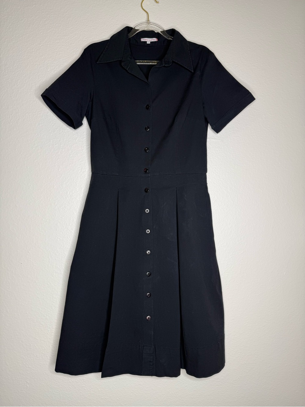 Frances Valentine Black Button-Front Shirt Pleated Skirt Dress Med